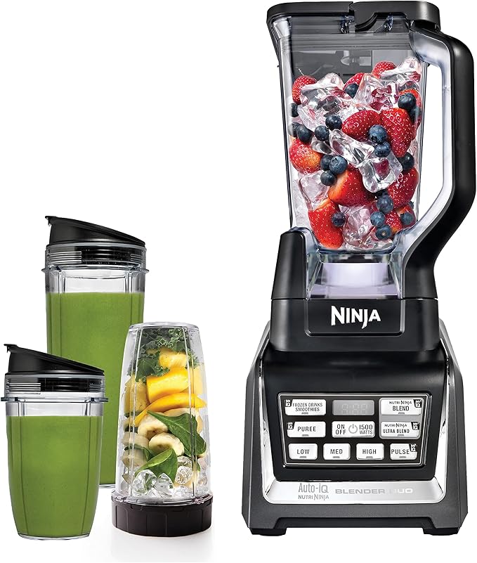 Ninja BL642 Nutri Ninja Personal &amp Countertop Blender with 1200W Auto-iQ Base 72 oz. Pitcher and 18 24 &amp 32 oz. To-Go Cups with Spout Lids For Smoothies Shakes &amp More Dishwasher Saf