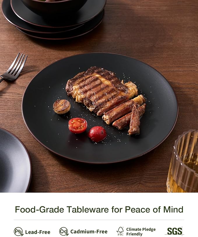 Famiware Venus Stoneware Dinnerware Set with Pasta Bowls for 4 (16 Pieces) Modern Plates and Double Bowls Matte Black - Microwave &amp Dishwasher Safe Dishes with Trim for Everyday &amp Formal Use