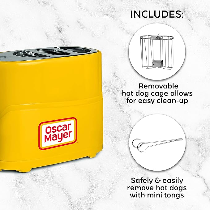 Oscar Mayer 2 Slot Hot Dog and Bun Toaster with Mini Tongs Hot Dog Toaster Works with Chicken Turkey Veggie Links Sausages and Brats Yellow