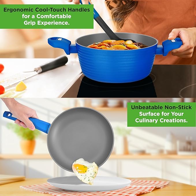 NutriChef 12-Pc Blue Nonstick Cookware Set - Professional Pots &amp Pans with Durable Coating All Cooktops Compatible Including Induction