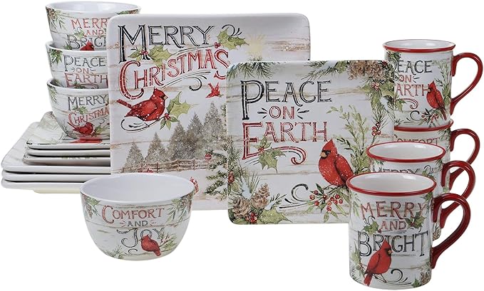 Evergreen Christmas 16-Piece Dinnerware Set – Ceramic Holiday Plates Bowls &amp Mugs with Cardinal &amp Script Design – Service for 4 – Festive Dining for Christmas Gatherings