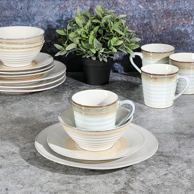 Spiral Embossed 16 Piece Stoneware Dinnerware Set – Rustic Reactive Glaze Plates Bowls &amp Mugs Microwave &amp Dishwasher Safe (Taupe)