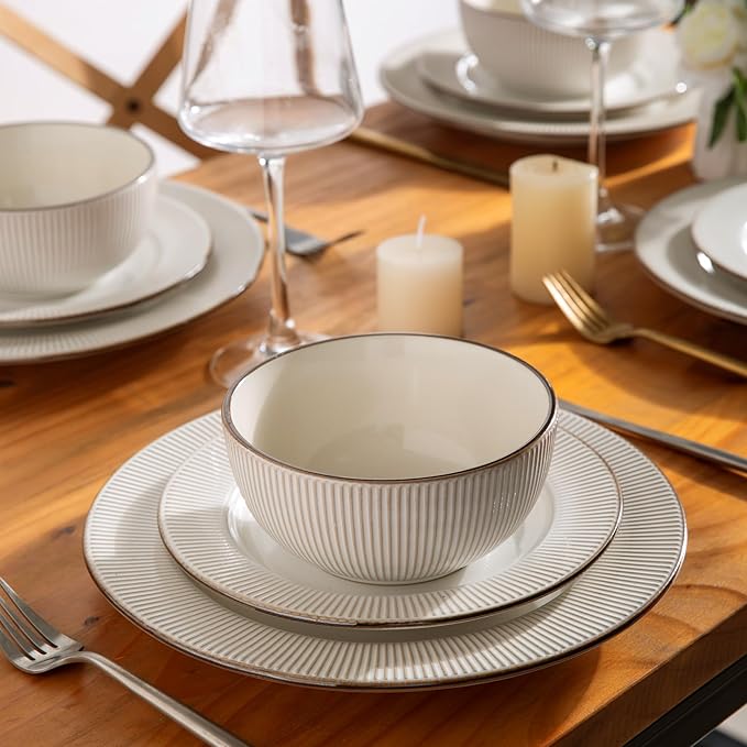GBHOME Dinnerware Sets and Coffee Mugs Embossed Elegant Stoneware Plates and Bowls Sets Housewarming Wedding Gift | Dishwasher &amp Microwave Safe | Dishes Set Service for 6