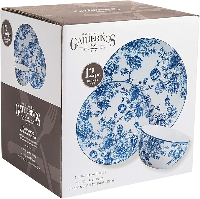 Godinger Dinnerware Set Banbury Porcelain Dinner Plate Salad Plate Soup Bowl - 12 Piece Set