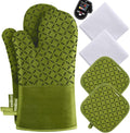 KEGOUU Oven Mitts and Pot Holders 6pcs Set Kitchen Oven Glove High Heat Resistant 500 Degree Extra Long Oven Mitts and Potholder with Non-Slip Silicone Surface for Cooking (Olive Drab)