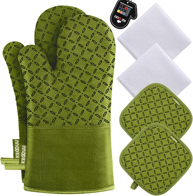 KEGOUU Oven Mitts and Pot Holders 6pcs Set Kitchen Oven Glove High Heat Resistant 500 Degree Extra Long Oven Mitts and Potholder with Non-Slip Silicone Surface for Cooking (Olive Drab)