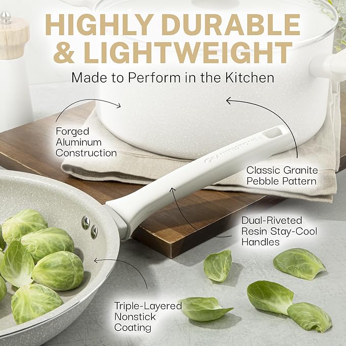 Granitestone 20 Pc Pots and Pans Set Non Stick Cookware Set with Steamer Cooking Utensils and Pad Protectors Stay Cool Handles Oven and Dishwasher Safe