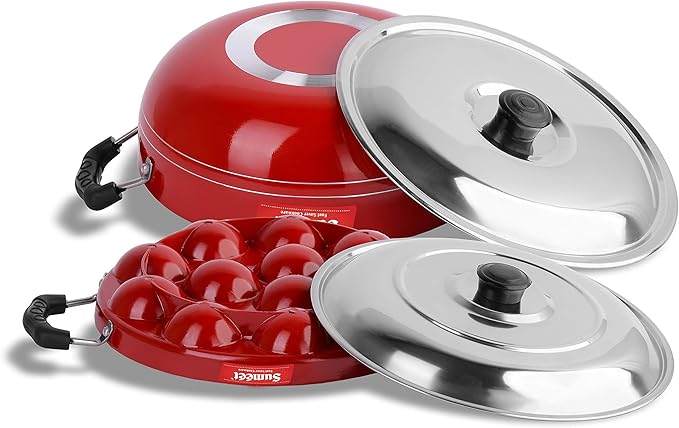 SUMEET 2.6mm Thick Non-Stick Aluminium Red Get Ready Cookware Set (Kadhai with Lid 1.5Ltr Capacity- 20cm Dia and Grill Appam Patra with Lid 23cm Dia)