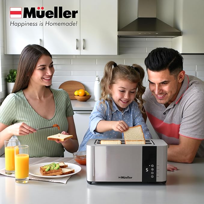 Mueller UltraToast Stainless Steel Toaster 4 Slice – Extra-Wide 1.6 Slots for Artisan Bread Bagels &amp Frozen Waffles 6 Browning Levels LED Display Cancel/Defrost/Reheat Removable Crumb Tray