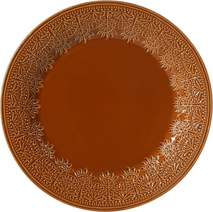 Retro Lace Ceramic Dinnerware Set 12-Piece Embossed Pattern Caramel Glaze Microwave &amp Dishwasher Safe for Daily Dining &amp Holiday Gatherings Includes Dinner &amp Salad Plates Bowls