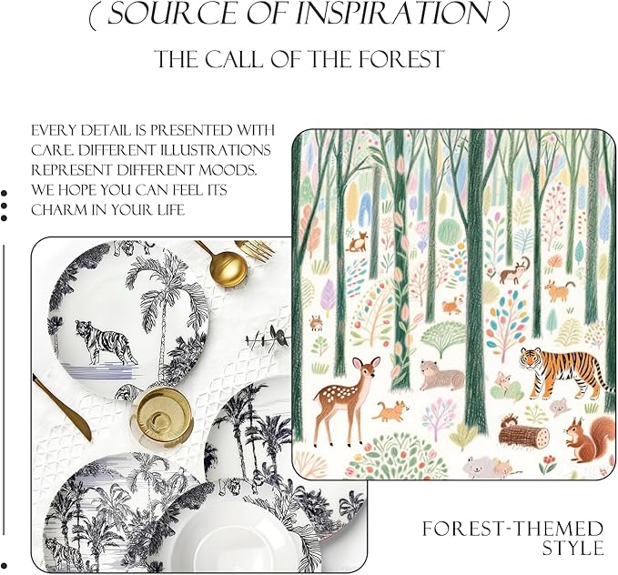 Bone china dinnerware set for 2 Plates set with dessert plates (6.5&amp8 inch) and dinner steak plate(10.5&amp12 inch) dishes set for home and kitchen forest animal pattern series 03