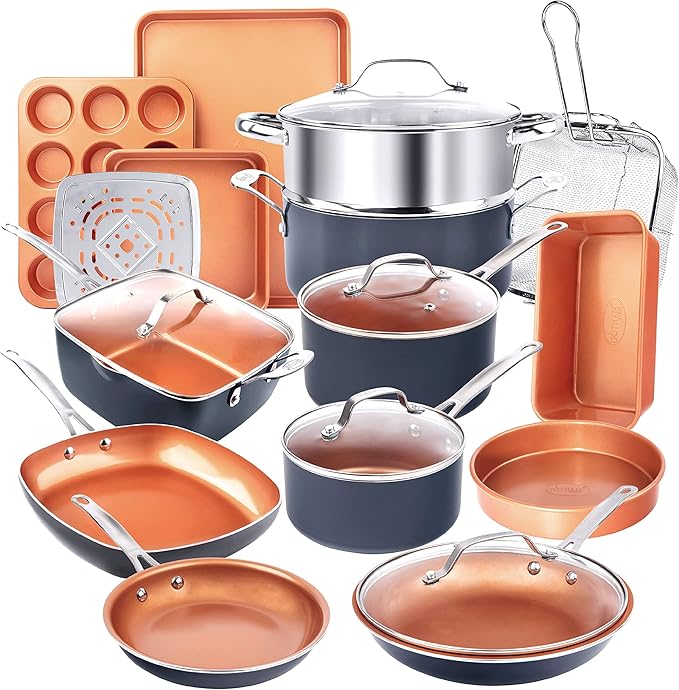 Gotham Steel True 20 Pc Ceramic Cookware Set Nonstick Ceramic Pots and Pans Set Non Stick with Deep Square Pan Set &amp Bakeware Set Non Toxic PFOA PFOS Free Oven &amp Dishwasher Safe No Cheater