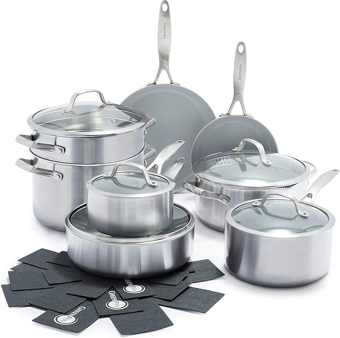 GreenPan Venice Pro Tri-Ply Stainless Steel Healthy Ceramic Nonstick 13 Piece Cookware Pots and Pans Set PFAS-Free Multi Clad Induction Dishwasher Safe Oven Safe Silver