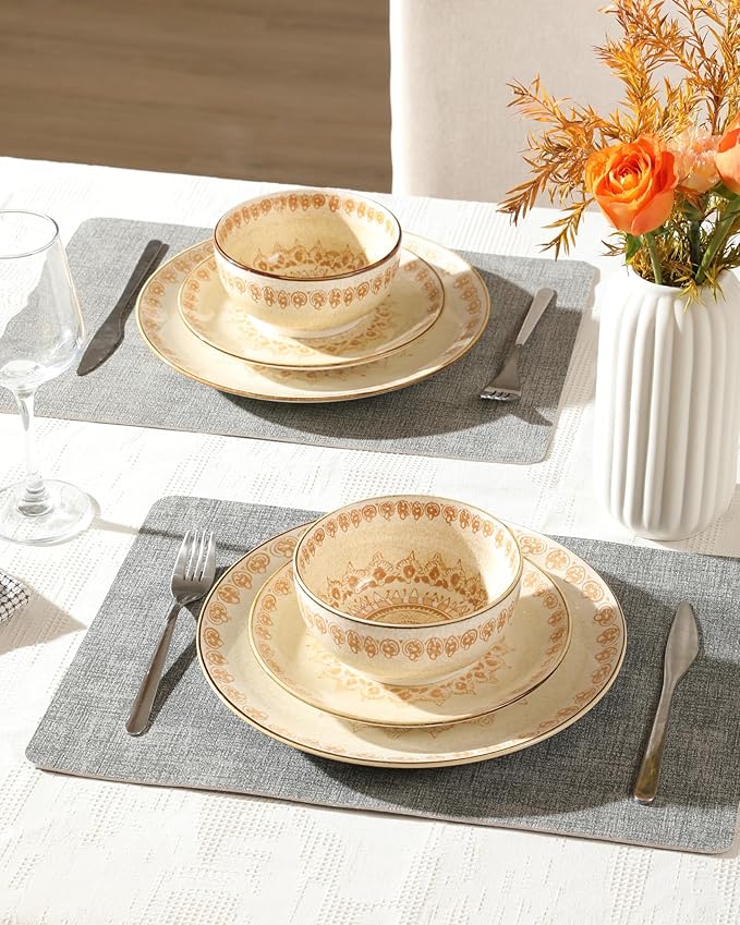 Sweejar Dinnerware Sets Service for 4 12 pcs Porcelain Plates and Bowls for Kitchen Housewaring Gift Chip and Scratch Resistant Dish Set Handmade Dishwasher and Microwave Safe Plate Set Bohemian