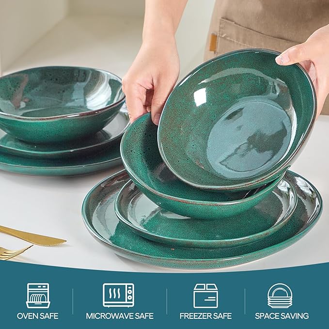 Bestone 12 Pieces Round Kitchen Dinnerware SetsPlates and Bowls SetsDishes Plates Bowls Dish Set Chip Resistant Ceramic Dinnerware Set Dishwasher/Microwave SafeService for 4Ceylon Green