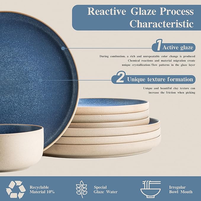 12 Pieces Dinnerware SetsPlates and Bowls SetsHandmade Reactive Glaze Dishes Set for 4 with at Least 10% Recycled Ceramic and the Raw Texture of the Clay (Reactive-Blue)
