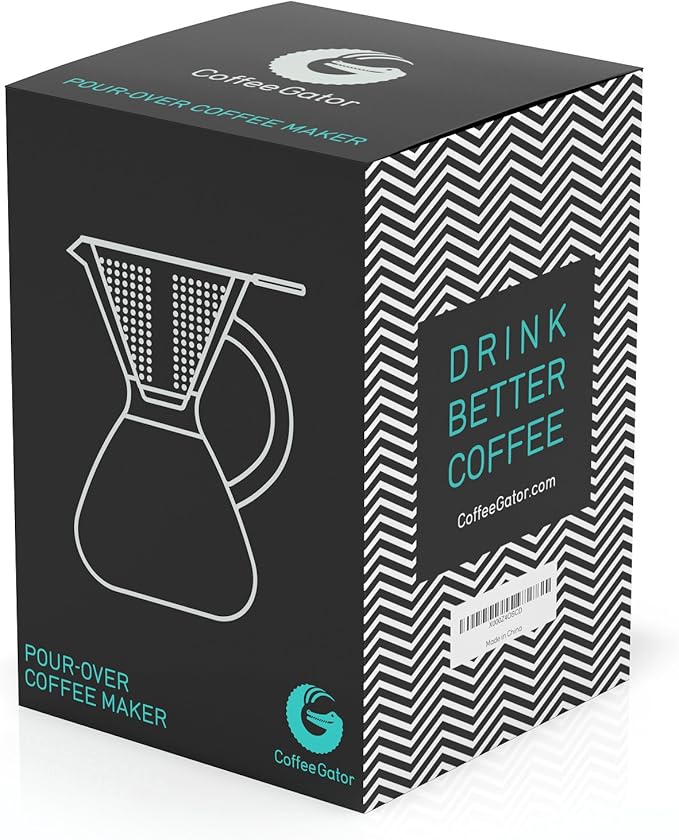 Coffee Gator Pour Over Coffee Maker - 27oz High Heat Borosilicate Glass with Reusable Stainless Steel Filter Drip Coffee Brewer Dripper Set Carafe 800ml Clear