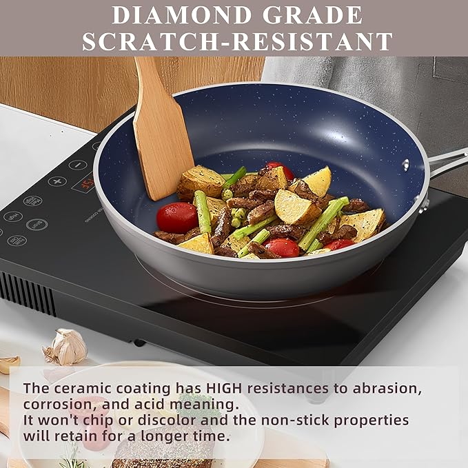 Healthy Duralon Blue Ceramic Nonstick Cookware Set Diamond Infused Scratch-Resistant PFAS Free Dishwasher &amp Oven Safe Induction Ready &amp Evenly Heats Tempered Glass Lids &amp Stay-Cool Ha