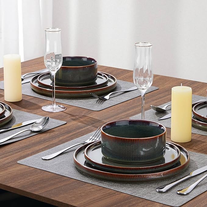 LIANYU Dinnerware Sets with Pasta Bowls 24 Piece Ribbed Dinnerware Plates and Bowls Set for 6 Elegant Modern Stoneware Dishes Set for Kitchen Dining Microwave and Dishwasher Safe Jungle Green