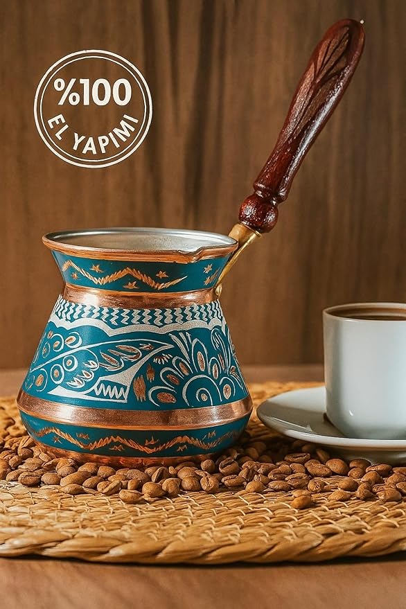 Copper Turkish Coffee Pot Cezve Tombik Hand Hammered Design for 4 People Traditional Coffee Maker Turquoise Color One Piece - Turquoise One Size