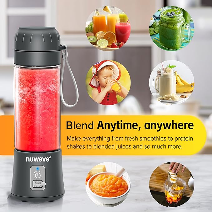 Nuwave Portable Blender with USB-C Rechargeable 6-Blade for Crushing Ice BPA Free 18 Oz Jar Smoothies Blender for Travel Office and Sports Obsidian Gray