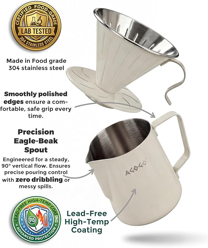 AGOGO Portable Pour Over Coffee Maker V60 Set - Easy Cleaning Compact 304 Stainless Steel Dripper for Camping &amp 50 Filters Paper &amp Barista Towel- Cream-20oz/600ml