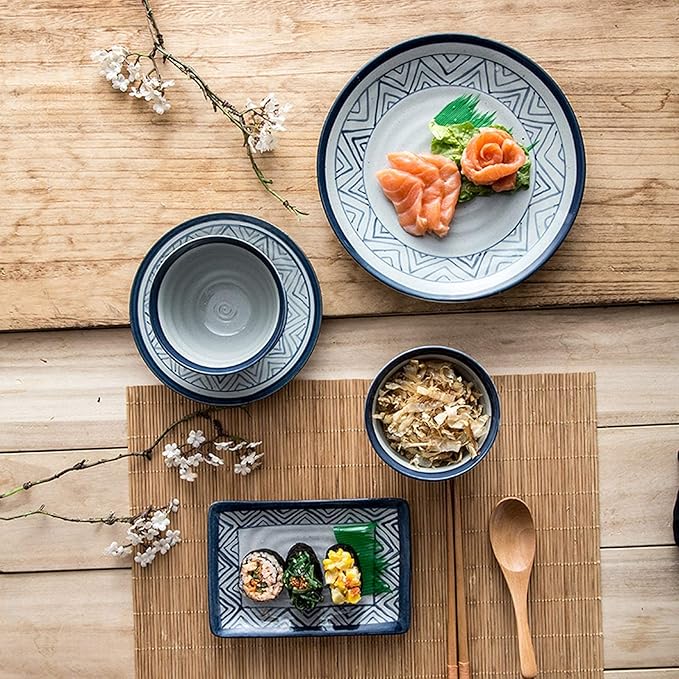 Stylish Dinner PlatesPorcelain Dinnerware Sets 28 Pieces Ceramics Dinner Combination Set | Hand Painted Blue and White Lines Cereals Bowls and Steak Plates Sets