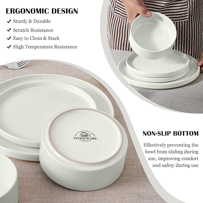 E-far Stoneware Dinnerware Sets with Pasta Bowls Set of 4 Bundle 12PCS Plates and Bowls Dish 35oz Ceramic Large Salad Bowl Plates for Serving Soup Dinner Microwave &amp Dishwasher Safe Speckled W