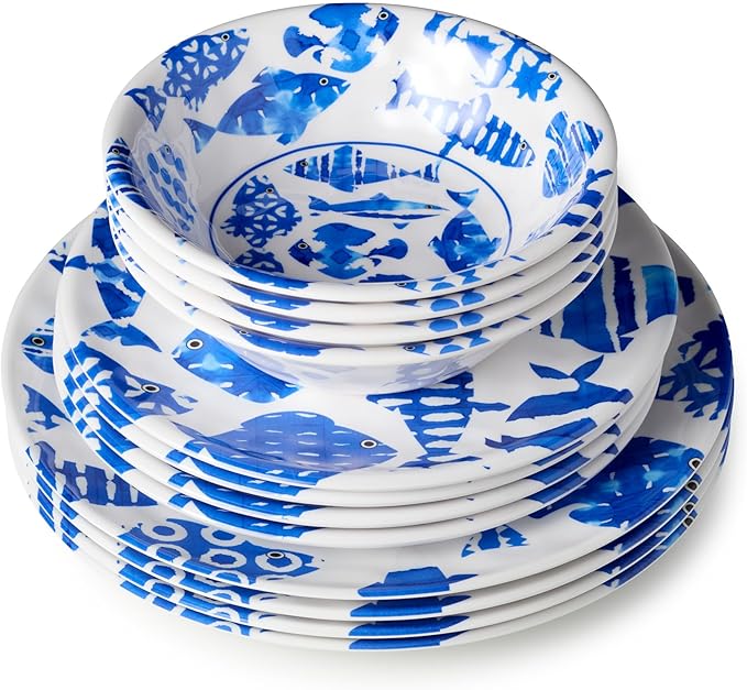 Fish Tale 12 Pc. MELAMINE DINNERWARE SET SERVICE for 4 – Cobalt Blue Fish School Outdoor Plates Bowls Shatterproof Coastal Dining Poolside Patio Entertaining Mediterranean Dreams for Every Meal