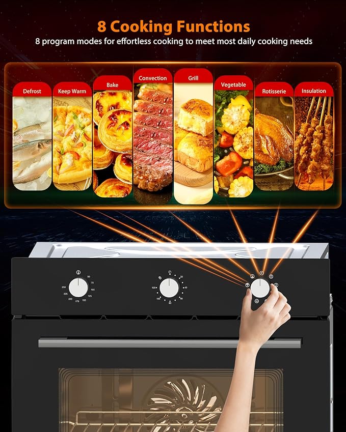 24 Built-in Electric Oven - 2.5 CF Convection 3000W Power 240V 8 Cooking Modes Stainless Steel Finish Mechanical Controls Transparent Window Black Design