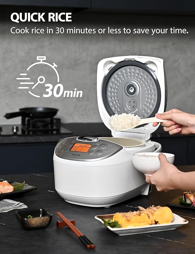 Toshiba Rice Cooker 6 Cup Uncooked – Japanese Rice Cooker with Fuzzy Logic Technology 7 Cooking Functions Digital Display 2 Delay Timers and Auto Keep Warm Non-Stick Inner Pot White