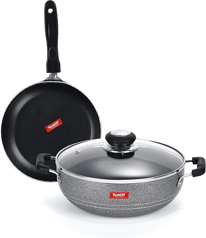 SUMEET Aluminium NonStick Kumush Cookware Set (Silver Kadhai with Glass Lid -2Ltr - 22Cm Tapper pan - 0.6Ltr - 20Cm Dia)