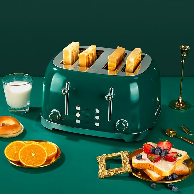 Roter Mond 4 Slice Toaster Retro Stainless Steel with Bagel Defrost Cancel Function 6 Browning Settings Extre Wide Slot and Removable Crumb Tray Green ST033
