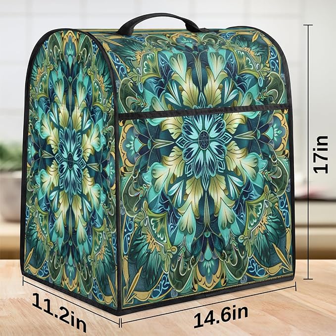 Kitchen Aid Mixer Cover Turquoise Mandala Flower Stand Mixer Cover Compatible with 6-8 Quarts Stand Mixers Dust Covers with Zipper Pocket Foldable Washable Kitchen Aid Organizer Bag