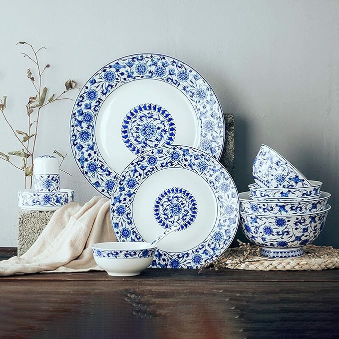 Dinnerware Set Plates and Bowls Sets 26 Pieces Blue And White Porcelain Dinnerware Set | Box Steak Plate Cereal Bowl And Soup Bowl For Wedding