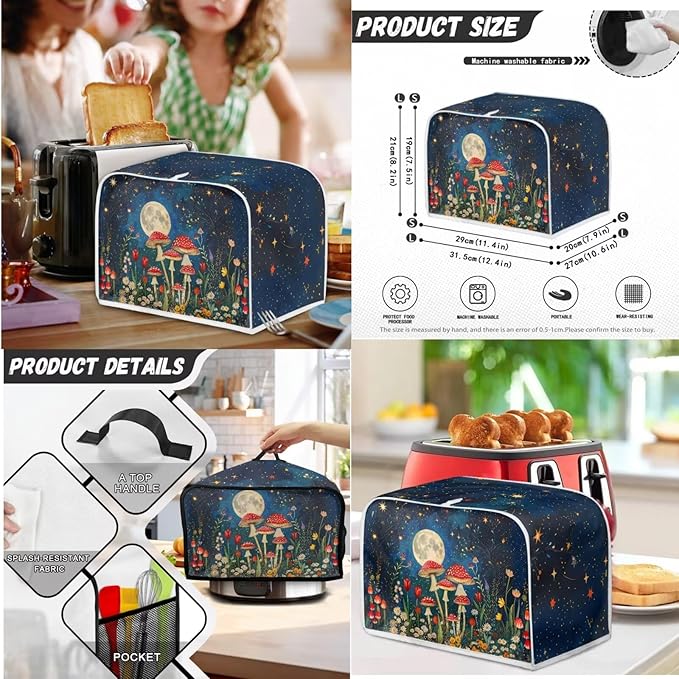 Unique Toaster 2 Slice Cover Thanksgiving Day Decorations Set Blender Bread Toaster Slow Cooker Cover Fit for Most 6-8 Qt Slow Cookers Mushroom Moon (Blue)