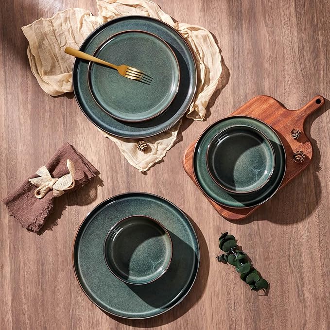E-far 6-Piece Plates and Bowls Set Stoneware Dinnerware Sets for 2 Ceramic Dishes Reactive Glaze Dinning Ware Microwave &amp Dishwasher Safe - Obsidian Green
