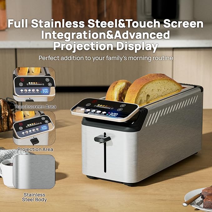 whall Toaster 4 Slice Touch Screen Toasters with Projection Display 1.5 Wide Slot 5 Bread Types &amp 11 Shade Settings Digital Timer Warming Rack Crumb Tray Reheat/Defrost Grey