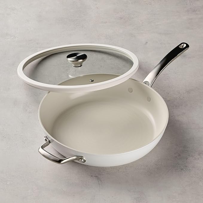 Circulon Halo with LaserDefense Ceramic Nonstick Frying Pan with Helper Handle and Lid Made without PFAS Compatible with All Stovetops Dishwasher and Oven Safe 12 Inch Skillet - Pearl White