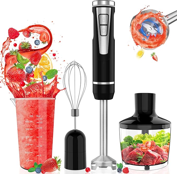 Cordless Immersion Blender Handheld: 4-in-1 Cordless Hand Blender with 500ml Chopper 600ml Beaker Egg Whisk 8 Speeds Hand Stick with USB Rechargeable for Smoothies Baby Food Soup (Black)