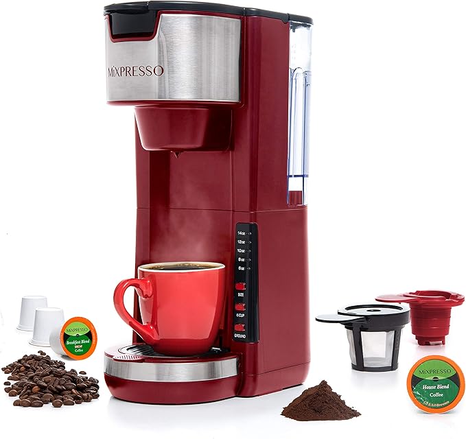 Mixpresso Red Single Serve Coffee Brewer K-Cup Pods Compatible &amp Ground 30 oz Compact Coffee Maker Single Serve With 5 Brew Sizes Up To 14 Oz Fits Travel Mug Adjustable Drip Tray
