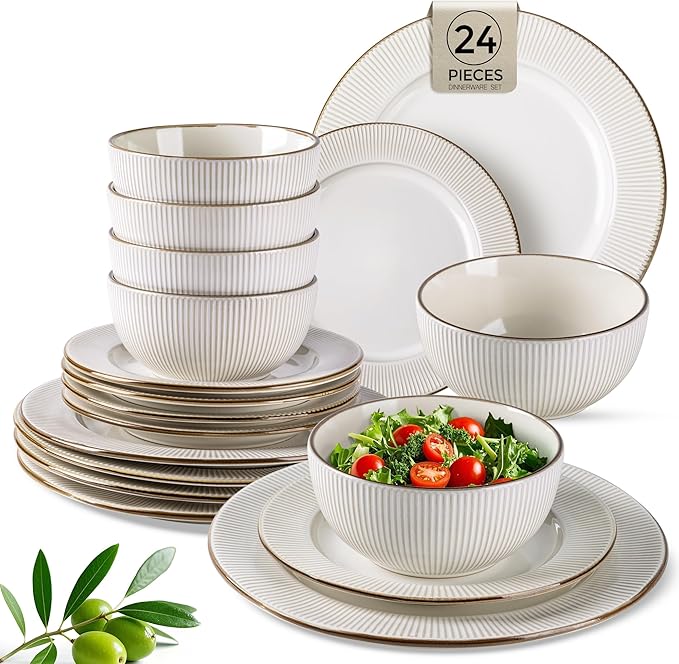 GBHOME Ceramic Dinnerware Sets 24 pcs Embossed Elegant Stoneware Plates and Bowls Sets Housewarming Wedding Gift | Dishwasher &amp Microwave Safe | Dishes Set Service for 8