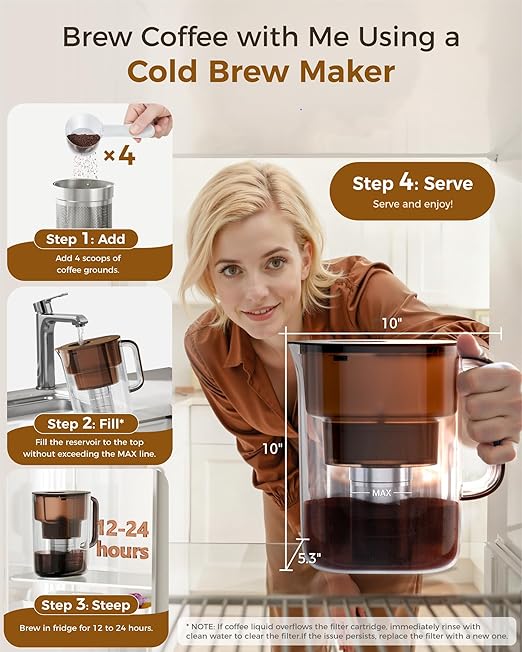 Waterdrop Cold Brew Coffee Maker with 1 Magnesium Water Filter for Well-Balanced Acidity Unlocks Aroma BPA-Free Cold Brew Pitcher Stainless Steel Filter for Iced Coffee Tea Lemonade Brown