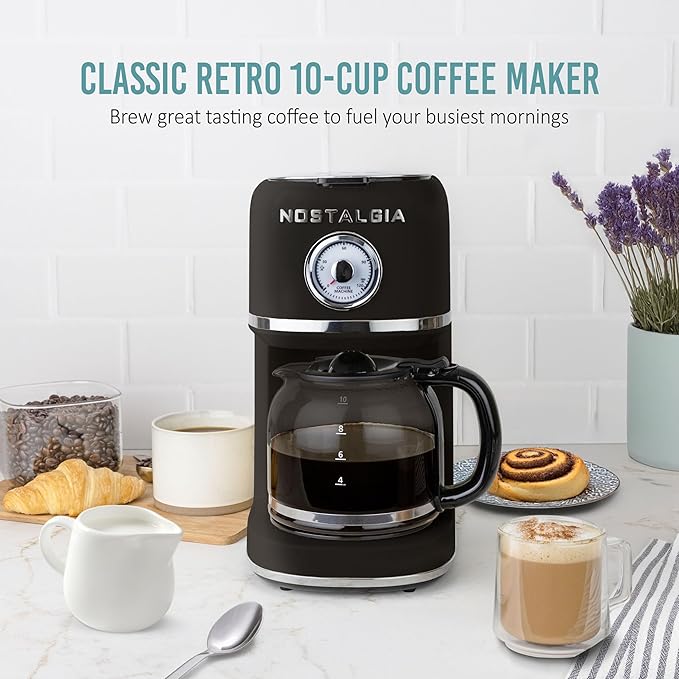 Nostalgia Classic Retro 10 Cup Coffee Maker - One-Touch Drip Brew Reusable Filter - Anti-Drip Auto Shutoff &amp Time Display - Dishwasher Safe 50 oz Carafe - Black