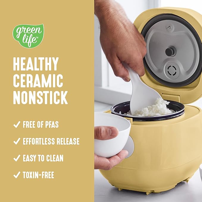 GreenLife Digital Rice Cooker 2-Cups Uncooked/4-Cups Cooked Removable Nonstick Ceramic PFAS-Free Pot One-Touch Presets Oats Quinoa Brown Rice Auto Keep Warm Fuzzy Logic Tech 1.5QT Butter Yel