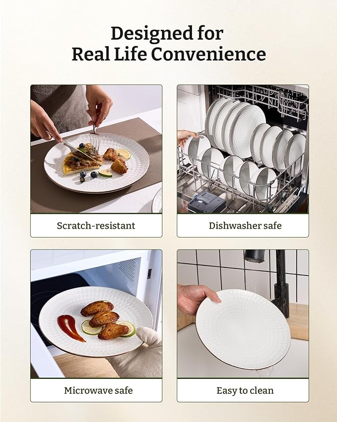 Famiware Eden Plates and Bowls Sets Stoneware Dinnerware Sets with Gold Trim 12 Pieces Dishes Set for 4 - Chip and Scratch Resistant Microwave and Dishwasher Safe White Circle
