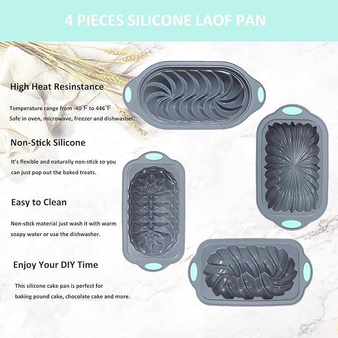 Tongjude 4 Piece Silicone Loaf Pan for Baking Non-Stick Kitchen Oven Bread Pan Perfect for Banana Bread Sandwich Pound Cake and Meatloaf 6 Cups Grey