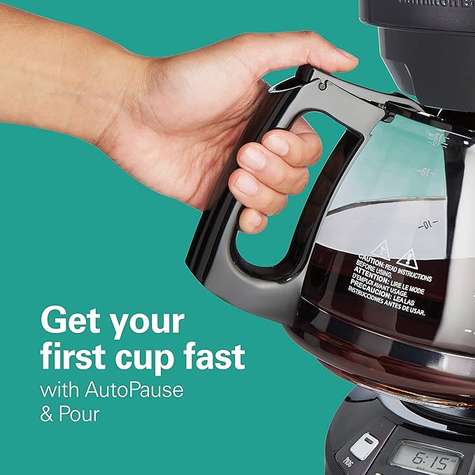 Hamilton Beach 12 Cup Programmable Drip Coffee Maker Machine Regular &amp Bold Brew Options Auto Pause and Pour Glass Carafe Black Stainless (46293J)
