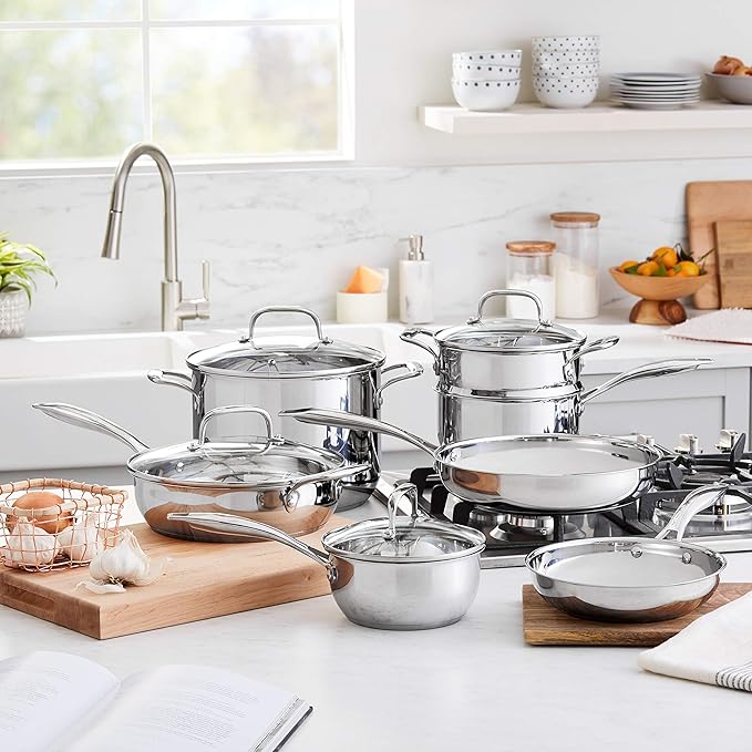 Amazon Basics Stainless Steel Cookware 11-Piece Set Oven Safe Induction-Ready Even Heating Non Toxic Stay-Cool Handles Pots and Pans All Stovetops Glass Lids Silver