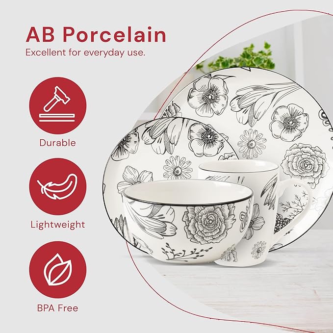 Pemberly Row 16-Piece Porcelain Dinnerware Set Floral White Design Includes Dinner Plates Salad Plates Bowls Mugs Lightweight Chip-Resistant Dishwasher &amp Microwave Safe Modern Table Settin